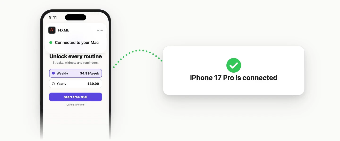 The iOS Local Network alert and Allow, then the same code 4821 on the phone and on the Mac. Allow on the Mac, and a green check says the iPhone is connected.