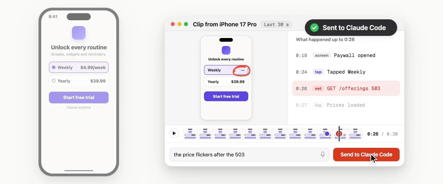 A phone is shaken and the last 30 seconds are saved. Clip Review opens on the Mac with a timeline, the playhead settles on a failed request, a circle is drawn, a note is typed and the clip is sent to Claude Code.