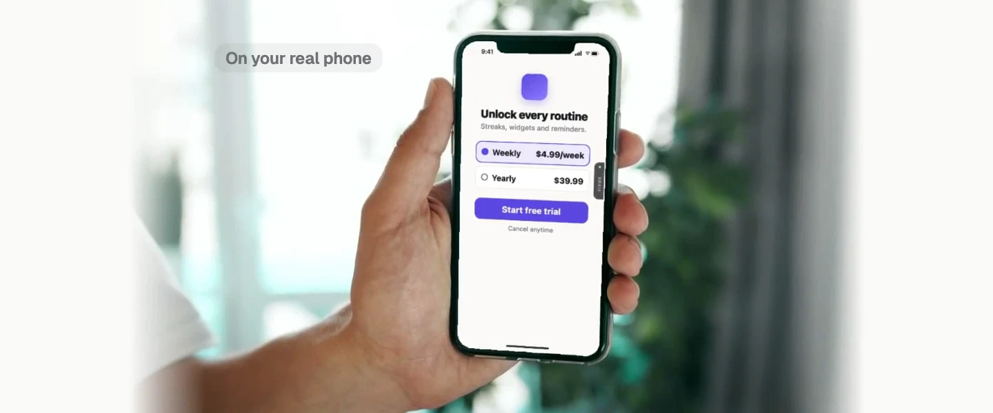 A hand holds a real phone, with a small caption: On your real phone, and the shot pushes in. The phone is spoken to and shaken, and the last 30 seconds are saved. A caption says On your Mac as Clip Review opens on the Mac with a timeline, the playhead settles on a failed request, a circle is drawn, a note is typed and the clip is sent to Claude Code.