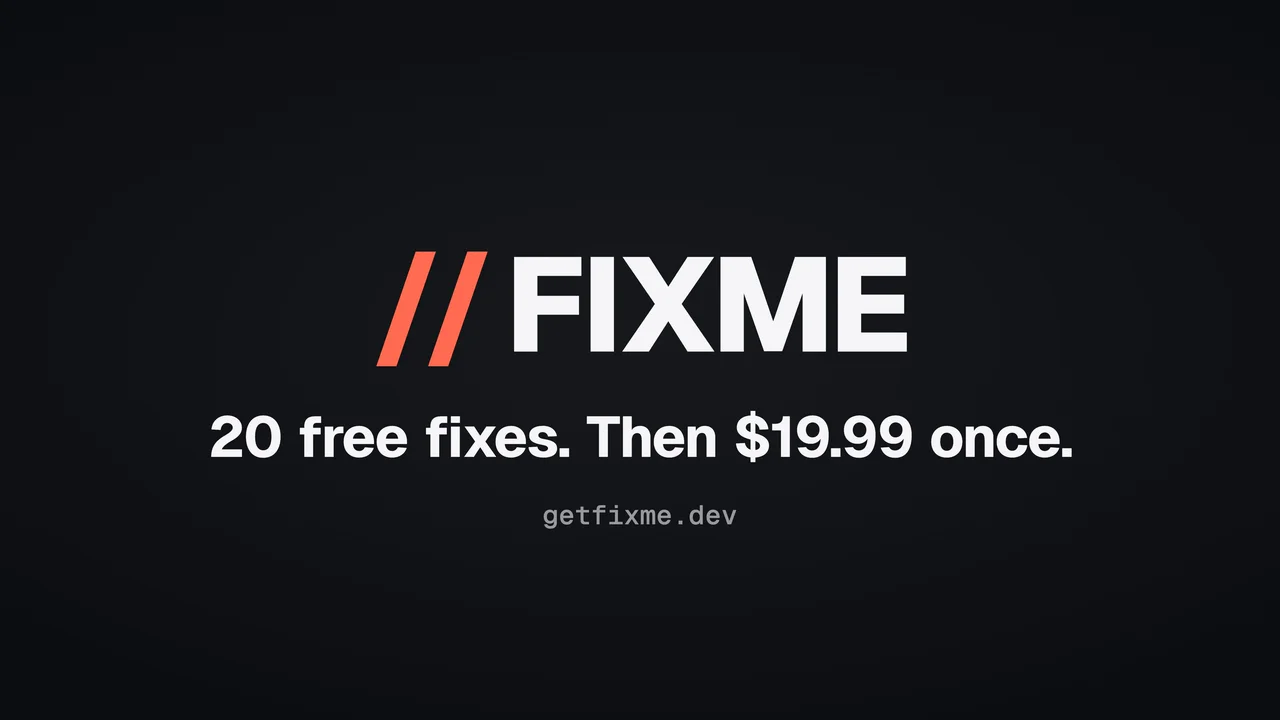 The FIXME film, 73 seconds, with music. It starts muted; the Sound on button turns the sound on. It opens on Stop screenshotting bugs. On your Mac, a cut off price in the iOS Simulator is circled and a note is sent straight into Claude Code. The layers FIXME sends unfold out of the ticket: the pixels, the UI tree, the code at the exact file and line, and the console and network. Claude Code fixes it and a Fixed card says how long it took. Then, on your real phone, a hand circles a bug and picks where it goes. Saying FIXME, clip that, saves the last 30 seconds for Clip Review on the Mac, where the moment is circled and sent, and a second fix lands. It ends on the platforms and agents FIXME works with, the price and the website address.