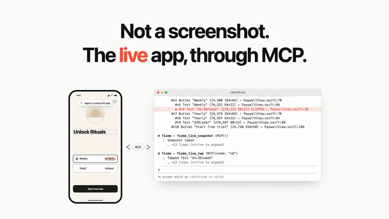 A phone with FIXME's overlay and a circle around a cut off price, beside the UI tree the agent reads. The circled element, a Text in PaywallView.swift line 88, is marked as clipped. Below it, a live control call taps another element in the running app.