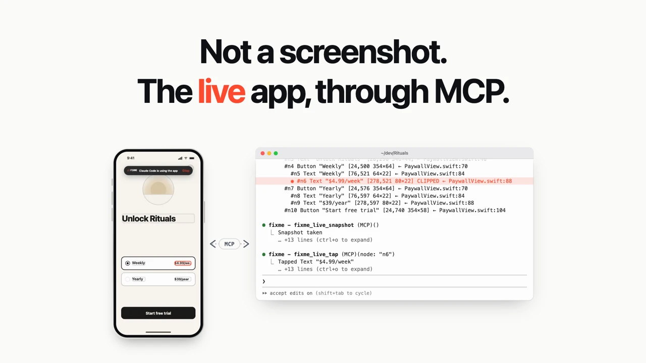 A silent animation, 18 seconds. A real phone, with a small caption: On your real phone, and a circled price. A screenshot is pixels. FIXME captures the app itself, as layers: pixels, the UI tree, the code, and the console and network. The agent reads the UI tree with fixme_get_ui_tree, and the circled element, a Text in the price row, is marked as clipped. Then it acts: with live control on, fixme_live_snapshot and fixme_live_tap use the running app while the phone shows a pill, Claude Code is using the app, with a Stop button, and a soft ring where the tap lands. Not a screenshot. The live app, through MCP.