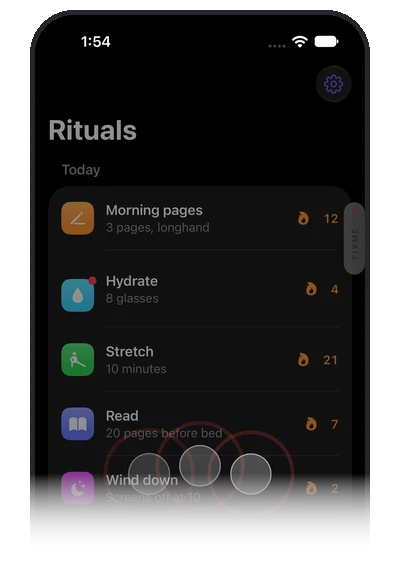 A phone showing a habit app. Three fingertips touch the screen and ripples spread from them.