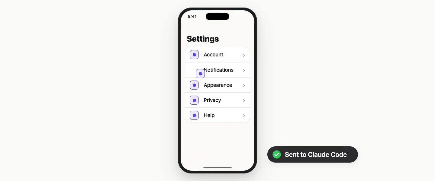 Three fingers tap a settings screen, FIXME's overlay opens, a fingertip circles an icon and a note is sent to Claude Code.
