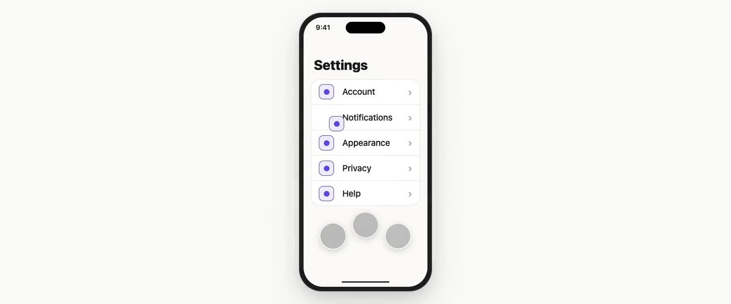 Three fingers tap a settings screen, FIXME's overlay opens, a fingertip circles an icon and a note is sent to Claude Code.