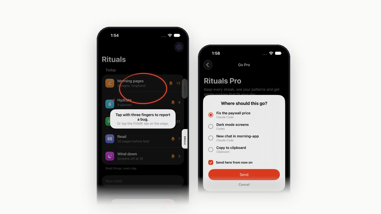 A phone running an app with FIXME's overlay open. A circle is drawn around what is wrong, a note says what it is, and a sheet asks where the ticket should go.