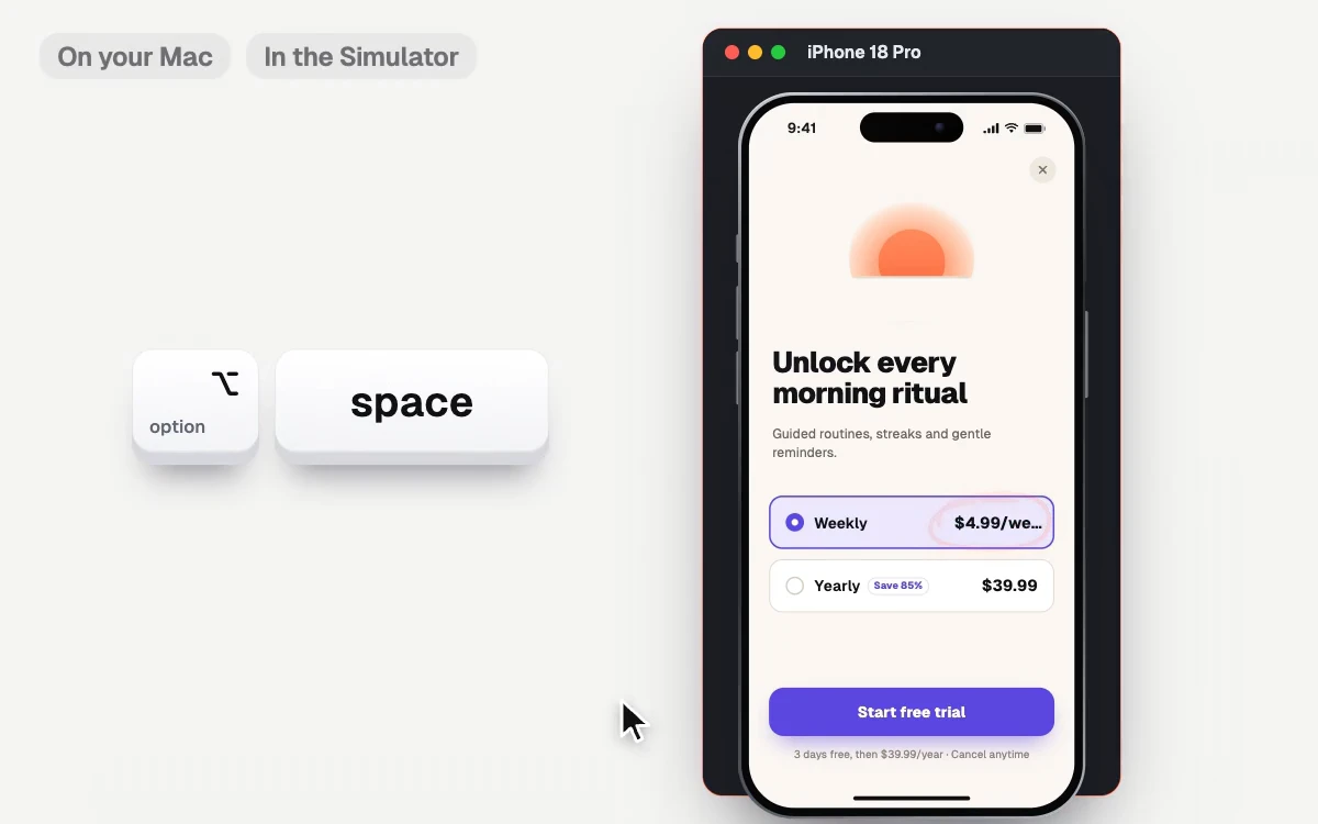 Small captions say On your Mac and In the Simulator. Option Space dims the screen with a coral edge around the iOS Simulator, and a pen circles the cut off price.