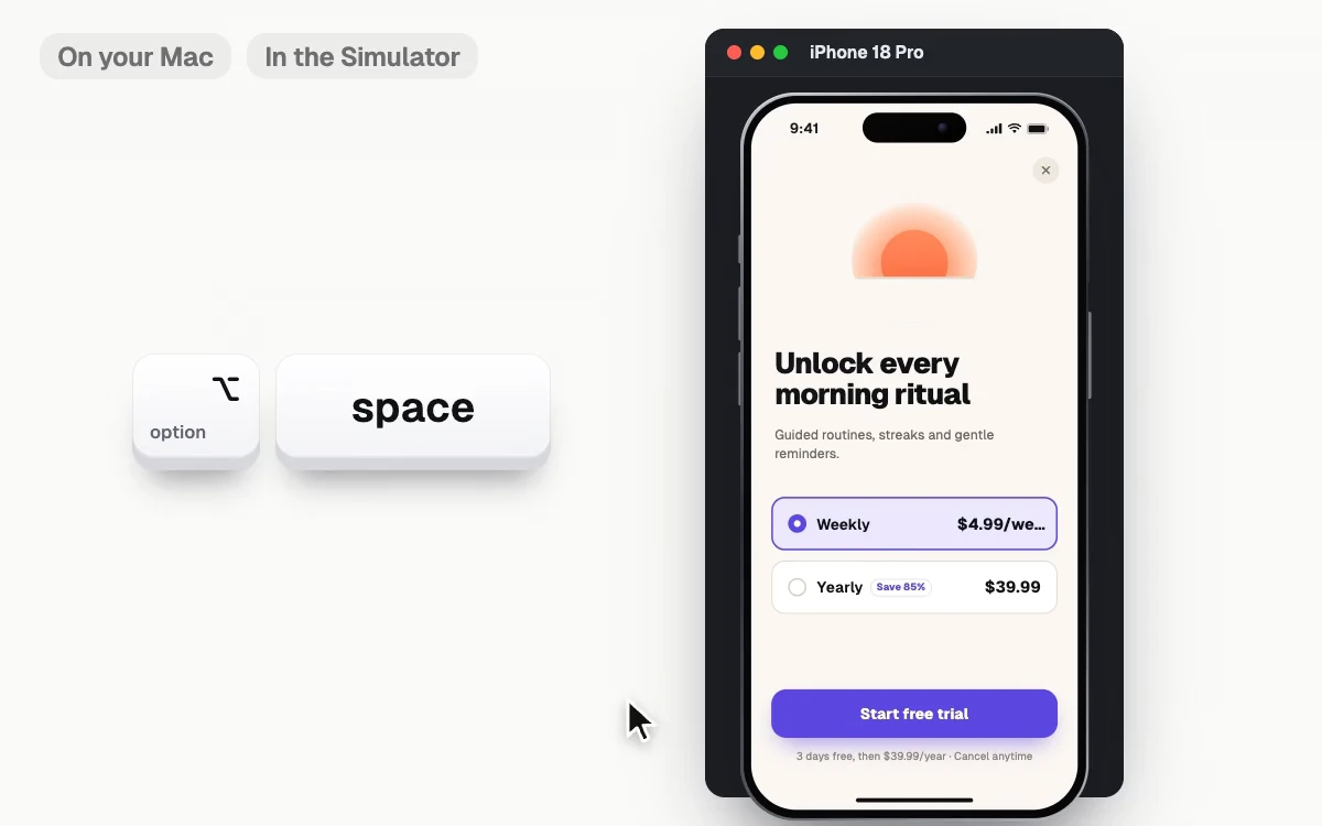 Small captions say On your Mac and In the Simulator. Option Space dims the screen with a coral edge around the iOS Simulator, and a pen circles the cut off price.