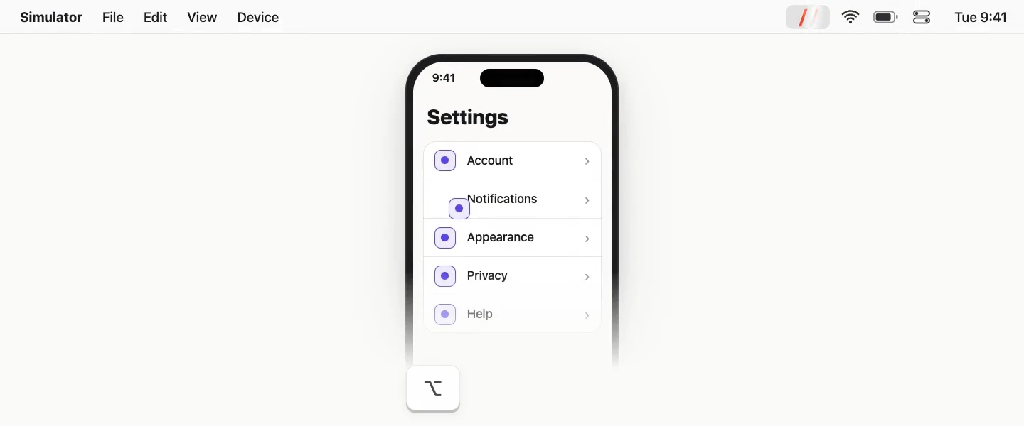 FIXME in the Mac menu bar over the iOS Simulator. Option Space starts a circle, and saying FIXME, clip that, saves the last 30 seconds.